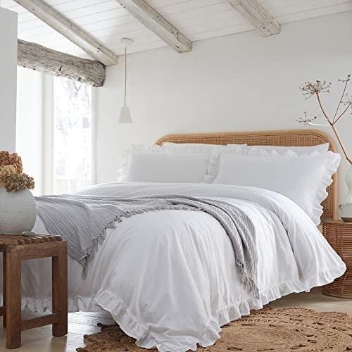 Appletree Loft - Cassia Frill - 100% Cotton Duvet Cover Set - Super-King Bed Size in White