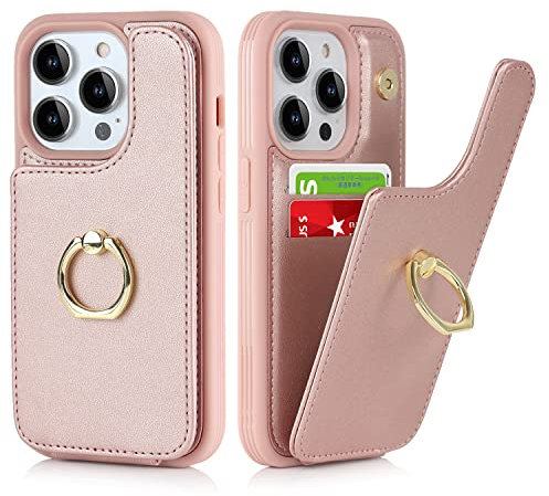 Cavor iPhone 14 Pro Max Case With Card Holder,iPhone 14 Pro Max Phone Case,Flip Folio Leather Wallet Case,Ring Kickstand Shockproof Cover Case for iPhone 14 Pro Max - Rose gold