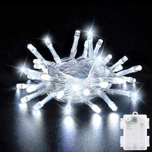 Dalugo White Fairy Lights, 3M 30 LED Cold White String Lights with 6h Timer, IP65 Waterproof Battery Powered Fairy Lights for Indoor Outdoor Christmas Decorations