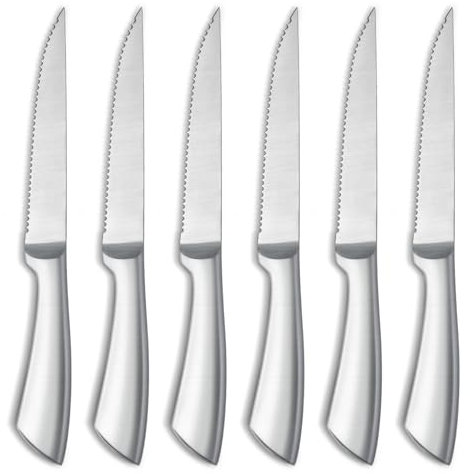 Pleafind 6 couteaux a steak, couteaux de table en acier inoxydable 3cr13, couteau tranchant à lame crantée, couteau a steak en une seule pièce, manche ergonomique, lavable au lave-vaisselle