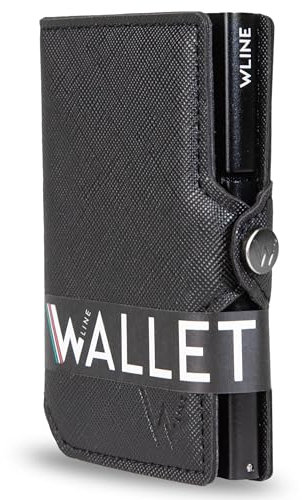 WLine Porta Carte di Credito Uomo e Donna Schermato in Pelle PU Saffiano - Portafoglio Uomo Slim Rfid Compatto ed Elegante - Portatessere Uomo Tascabile (Nero Saffiano senza Zip)