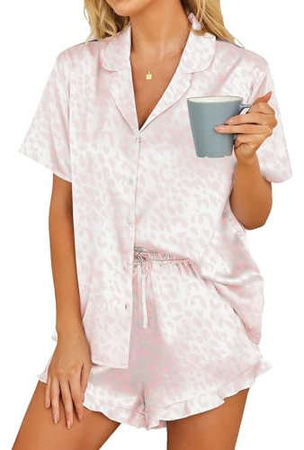 Hotouch Pyjama Femme Été en Soie Vêtements de Nuit Impression Ensemble de Pyjama Léopard Rose Vif L