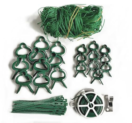 KARAT Pflanzenclips für Garten Set Pflanzenklammern für Tomaten und Gurken 2 x 5m Pflanzennetz, 20 Pflanzenclips, 20 Pflanzenbinder Klett, 20m Bindedraht mit Cutter, Gartennetz für Gemüse Rankhilfe