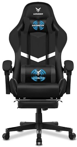 LUCKRACER Gaming Chair, Massage Ergonomic Computer Chair with Footrest and Lumbar Support High Back Height Adjustable Gaming Chair with 360°-Swivel Seat and Headrest for Home Office Black