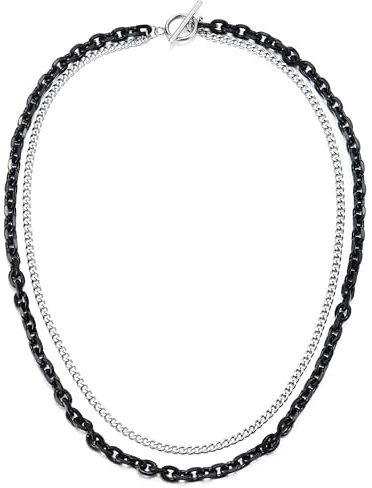 COOLSTEELANDBEYOND Due Filo Collegamento Chain Collana, Argento Nero Doppio Tono, Cool Statement Collana, Acciaio Inossidabile