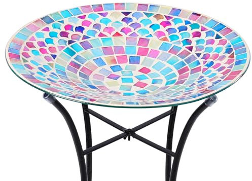 VCUTEKA Bird Baths for Outdoors, Mosaic Bird Bath with Metal Standing for Garden, Yards Patio Décor, Bird Lovers Gift, Glass Birdbath Detachable (20 H * 14 W)