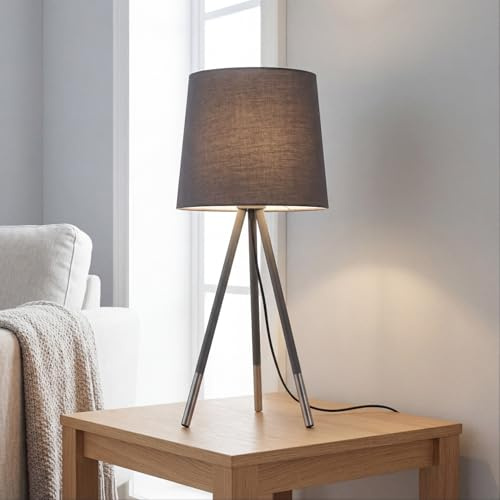Licht-Erlebnisse Große Nachttischlampe Grau Silber Dreibein Lampe Stoff Metall blendarm gemütlich Wohnzimmer H:54 cm E14 Schlafzimmer Tripod Tischlampe Modern