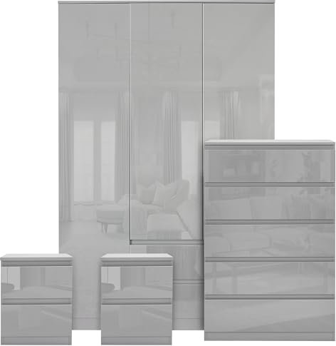 Wardrobe and Chest of Drawers Bedroom Furniture Set with 3 Door Wardrobe & 5 Drawer Chest of Drawer 2x Bedside Cabinets Table Cabinet for Bedroom Storage Furniture Set Grey