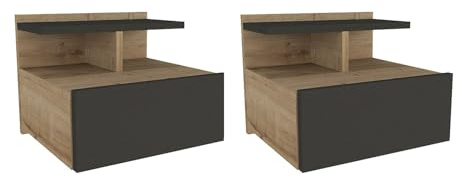 Vente-unique-2er-Set Nachttische hängend - 1 Schublade - Holzfarben & Anthrazit - AZELNO
