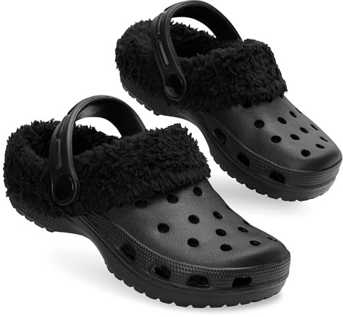 CityComfort Girls Winter Clogs Fleece Lined Removable Shoe Charms, Kids Teens Garden Shoes Slippers Mules Slip On with Strap (11 UK, Black Without Charms)