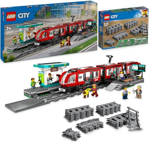 LEGO City Straßenbahn mit Haltestelle (60423): Schienen Erweiterung (60205) - Teil der Neuheiten 2024, Bahn mit Bahnhof und Schienen