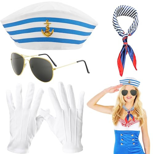 LUKIUP 4 Stück Matrosenanzug-Set, inklusive Matrosenmütze, Schal, Sonnenbrille, Handschuhe, Matrosen-Partykostüme für Erwachsene und Kinder, geeignet für Halloween, Ostern Partydekorationen