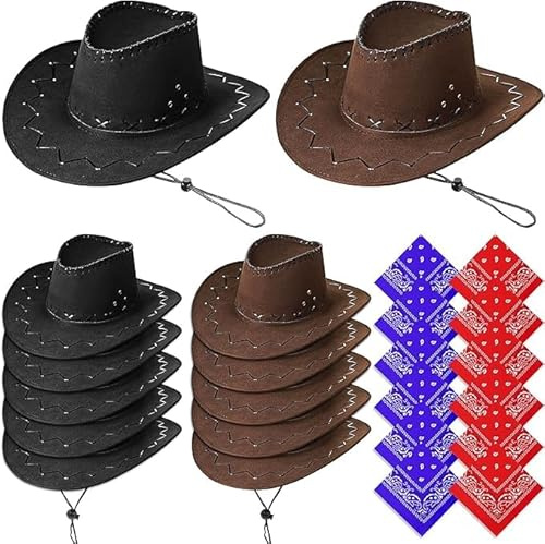 LYCN 24Pcs Cowboy Hats and Bandana Set, for Adults Men Women(Black, Brown) | Western Cowboy Hats Multipack, with Adjustable Drawstring, for Hen Do Stag Do Festivals and Themed Party Outfits