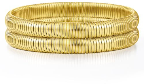 Emibele Armband-Set 2 Stück, 8mm 18K vergoldetes Rostfreier Stahl Armband Stapelbares Stretch-Armband Elastisches Schlangenketten-Armband, Einfaches Modisches Stapelarmband für Frauen Teenager, Gold