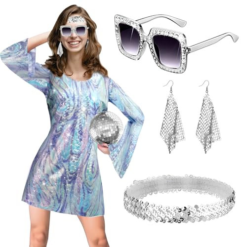 RoserRose 70er Jahre Outfit Damen, Hippie KostüM Damen, 70er Mode Damen, Hippie Kleidung Damen, Party Outfit 70er Jahre, 70iger Jahre Outfit Damen, Hippie Kleid, 70er Disco Outfit mit Accessoires - M