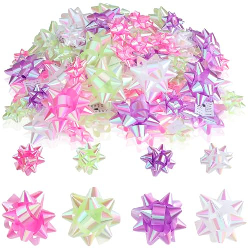 com-four® 120x Noeuds Cadeaux - Noeuds de 3 cm et 5 cm - Noeuds Autocollants prêts à l'emploi pour décorer des Cadeaux pour Noël, des Anniversaires (120 pièces - Blanc/Violet/Rose/Vert)