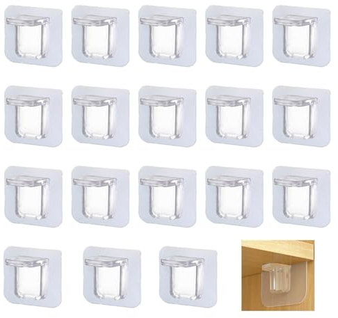 Xiciki Lot de 18 Supports d'étagères Autocollants, 7 x 7 cm Supports Muraux Adhésifs Charge Maximale 15 kg, Fixation Étagère Sans Percer, pour Étagères, Placard, Penderie, Meuble.
