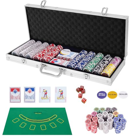 HOMASIS Pokerset mit 500 Chips, Alu Pokerkoffer mit 2 Kartendecks, 5 Würfeln, 3 Dealer Button & Matte, Poker Koffer abschließbar, Poker Set Pokerkarten für Texas Hold'em (500 Chips, Silber)