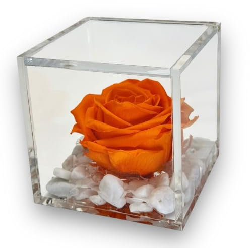Passionefiori.it Premium-Rose Cubo Rosa Stabilizzata 10cm Vera in Cubo più Spesso, Con Marmo di Carrara, Cubo Rosa stabilizzata, Rosa eterna, Idea Regalo per lei, Natale (Arancione, 10cm)