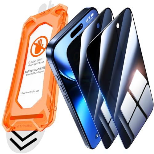 UniqueMe für iPhone 17 Pro Max für Panzerglas Sichtschutz - 2 Stück | Privacy Displayschutz, Auto Installation, Bruchsicher Militärniveau, 9H-Härte Schutzfolie, Anti-Kratzer, Anti Spy Folie
