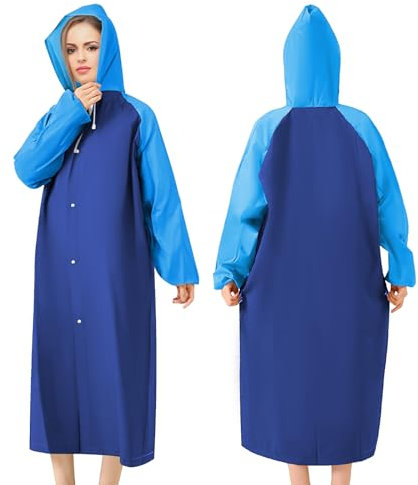 GAOHUI EVA Regenponcho für Erwachsene, Wasserdichter Regenmantel mit Kapuze, Wiederverwendbar & Atmungsaktiv, Transparentes Regencape für Wandern, Radfahren, Camping & Reisen (Blau)