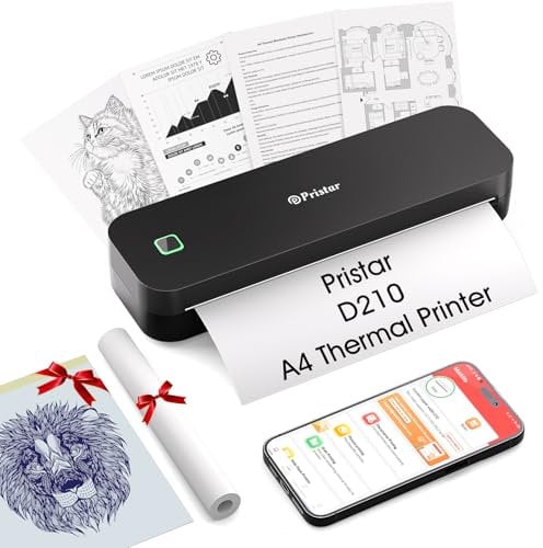 Pristar D210 Impresora Termica A4, Impresora Portatil Inalambrica para Viajes, Oficina y Hogar, Termocopiadora Tattoo Compatible con Teléfonos Inteligentes iOS/Android y Computadoras Portátiles, Negro
