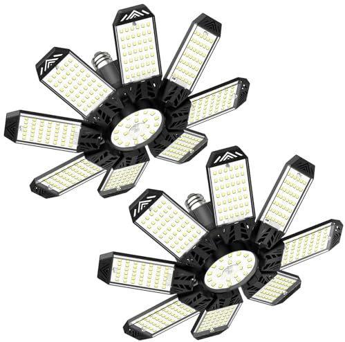 Garagenlampe LED 210W - 2 Stück 21000LM 6500K Sehr Helle LED Werkstatt Deckenleuchte mit 8+1 verstellbarem Panel, Einschraubbare E26/E27 Fassungen Garagenbeleuchtung für Garage, Lager, Keller