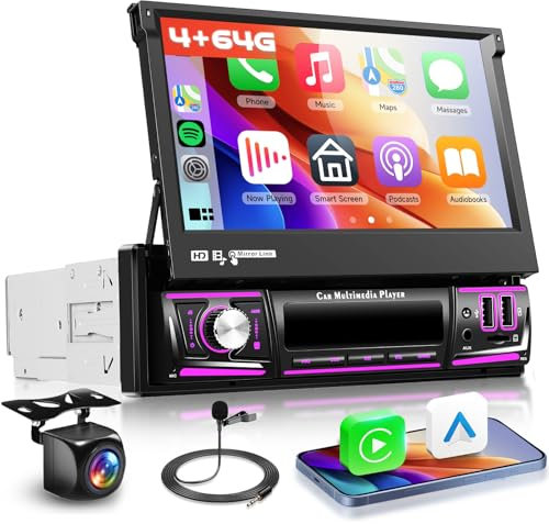 Hodozzy 4GB+64GB 1 Din Android Autoradio con Wireless Carplay e Android Auto, Radio 7 Pollici Schermo a Scomparsa Touchscreen Stereo con Navigazione GPS, Bluetooth, FM/RDS, TF/AUX/USB, Retromarcia