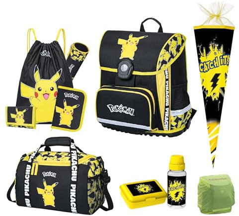 Pokémon Schulranzen Set mit großer Schultüte 85 cm, Dose, Flasche, Sporttasche für die 1. Klasse - Ergonomisch, Kompakt, 990 Gr. Leicht, 18 L Volumen, wasserdichter Boden - Schultasche mit Pikachu