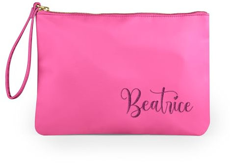 Caribu design Pochette Personalizzata con Nome Iniziali Testo - Borsa per Trucchi, Cosmetica, da Viaggio, con Cerniera Oro e Laccetto da Polso - Idea Regalo Estiva per Lei Donna (Fucsia)