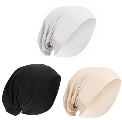 PURFUN Muslimische innere Hijab-Kappen für Damen, einfarbig, dehnbar, atmungsaktiv, volle Abdeckung, 3 Stück, Beige + Weiß + Schwarz, Medium