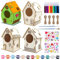 Vogelhaus Bausatz für Kinder - 4 Stück DIY Holz Vogelhaus mit 4 Hanfseile, 12 Farben Pigment, 2 Pinsel, 2 Kristallaufkleber, 12 Aquarellstift, Basteln zu Bauen und Malen für Mädchen Jungen Kinder