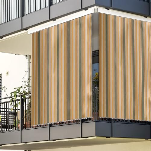 Rideau de soleil à rayures de qualité supérieure pour balcon, terrasse ou véranda – Housse de pare-soleil d'ombrage d'extérieur avec anneaux et crochets – Tissu de haute qualité, résistant aux rayons