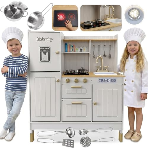Kinderküche Holz mit Licht & Sound – Große Spielküche aus Holz mit Zubehör, Spüle, Herd & Backofen – Holzküche Kinder für realistische Rollenspiele