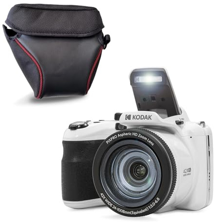 KODAK Pixpro AZ425 Bridgekamera 20 MP mit 42-fachem optischem Zoom + Schutzhülle – Full HD 1080p Video, 24 mm Weitwinkel, Stabilisator, 3 Zoll LCD Display – Weiß