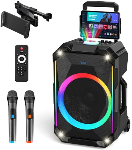 Cytyunn 12 Bluetooth Party Speaker with 2 Wireless Mics,Big Karaoke Machine, 7000mAh Battery, RGB Lights, Wheels & Handle - PA System for Outdoor DJ, Dance Floor, Home Party