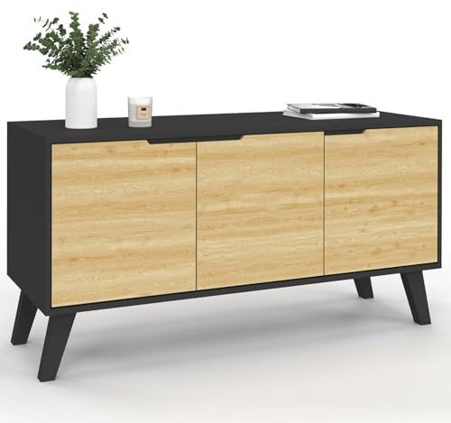IDMarket - Buffet Bas scandinave 113 cm FINN 3 Portes Noir et Bois façon hêtre