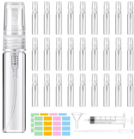 30 Stück 5ml Sprühflasche Zerstäuber für Parfüms Öle Alkohol und Wasser | gleichmäßigen Sprühnebel,glas,Inkl. Trichter, Pipetten & Etiketten zum einfachen, hygienischen Befüllen.