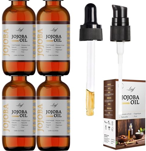 Leyf Lot de 4 bouteilles d'huile de jojoba bio 100 ml 100 % pure, végétalienne, corps, cheveux, visage, ongles, flacon en verre + pipette en verre + pompe, soin hydratant, distributeur de nourriture