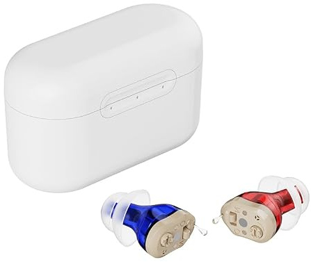 Clarity CIC Rechargeable Personal Sound Amplifier for Adults & Seniors | Discreet In-Ear Sound Amplifier with Noise Reduction & Charging Case, Red & Blue, 120h Battery | Digital CIC