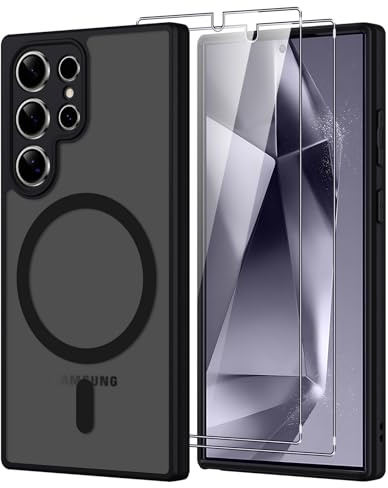 Pnakqil Magnetisch für Samsung Galaxy S24 Ultra 5G Hülle für Magsafe,Matt Transluzente Handyhülle für Samsung S24 Ultra mit 2 Panzer Schutz Glas,PC Härte Kratzfest Matte Dünn Magnetische Case,Schwarz