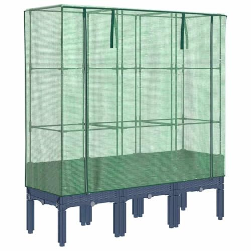 Kaorsrow Aiuola rialzata con serra effetto rattan, 120 x 40 x 140 cm, stabile casa per pomodori in polipropilene e ferro, serra per verdure, erbe e fiori, blu-grigio
