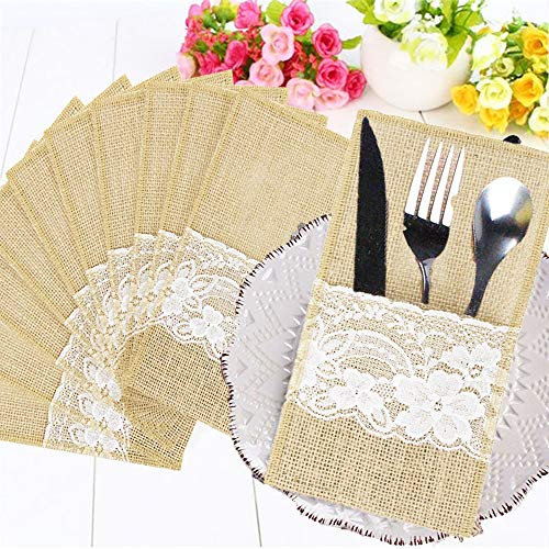 Time to Sparkle 10pcs Jute Lace Cutlery Holder Natural Burlap Hessian for Silverware Tableware Cover, Knife Forks Pocket Bags, Wedding Table Decoration