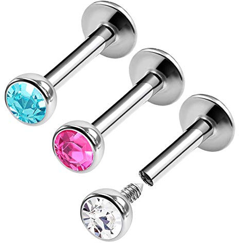 KJM FASHION 3 STK Chirurgenstahl Internally Threaded Monroe Labret 1,2mm 16 Gauge 6mm 1/4 3mm Aquamarin Kristallkugel Tragus Ohrringe Piercing Schmuck 0449