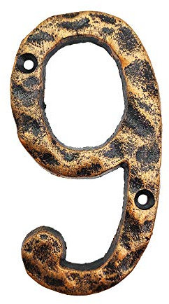 Hausnummern, rustikale Hausnummer aus Gusseisen, mit einzigartigem gehämmertem Aussehen mit ungleichmäßigem antikem Messing-Finish, Nummer 9, 14 cm