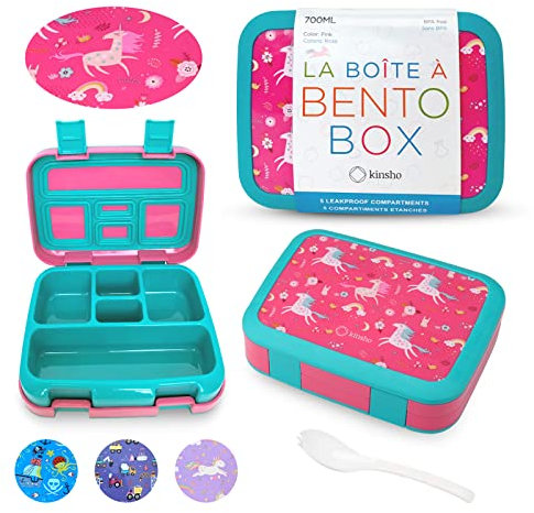 Toddler Lunch Box, Unicorn Bento Lunch-Box for Girls Kids, 5 Portion Sections, BPA Free Removable Plastic Tray, Pre-School Lunches, Cute Snack Container Ages 3 to 5 Pink