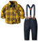 Yilaku Vêtements pour nouveau-né garçon chemise à carreaux + noeud papillon + bretelles + pantalon 4 pièces tenue d'anniversaire vêtements de fête （Jaune ， 6-9 mois）