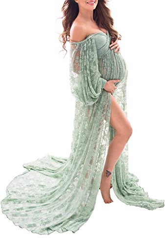 Saslax Weiches, dehnbares schulterfreies Umstands-Maxikleid aus Spitze, A-Linie mit doppeltem Schlitz, für Fotoshootings