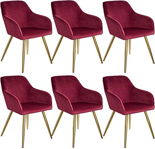 tectake 6er Set moderner Esszimmer Stuhl, Sitzfläche aus Samt, Armlehnstuhl, Sessel Wohnzimmer, gepolsterter Office Chair mit goldeden Metallbeinen, Schminktisch Stuhl - Bordeaux/Gold