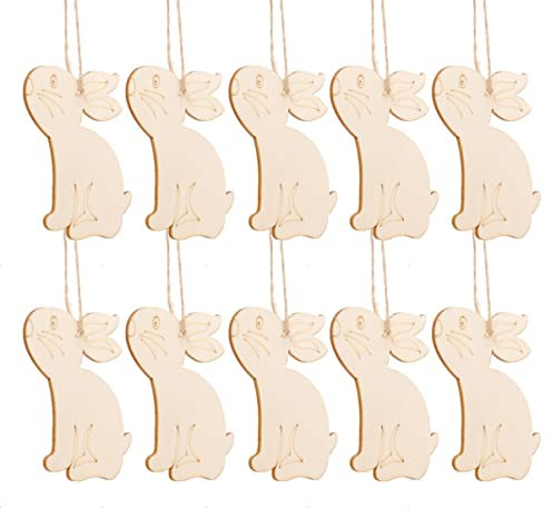 Amosfun Ostern Anhänger Holz Hasen Kaninchen Figur Holzscheiben mit Loch Baumscheiben Geschenkanhänger Hängende Ostern Dekoration zum Bemalen Basteln mit Schnur Khaki 10 Stück